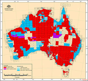 Image showing the National coverage of airborne gamma-ray data acquired by Geoscience Australia and State/Northern Territory geoscience agencies as at June 2006.