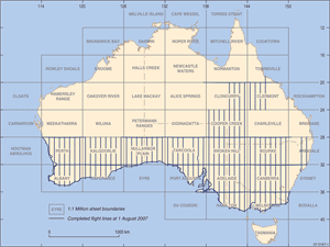 Fig 3. Flight-line pattern for the AWAGS2 magnetics and radiometrics survey showing progress to 1 August 2007. 