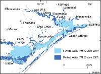 Fig 3. Map showing extent of surface water derived from Landsat images acquired before and during the flood. 