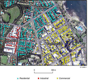 Fig 2. Spatial locations of residential, commercial and industrial buildings on a section of the Gold Coast.
