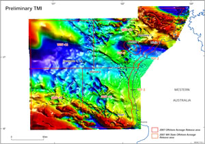 Fig 1. Preliminary total magnetic intensity map of newly acquired data in the Offshore Canning Basin showing offshore acreage release areas.