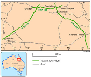 Fig 3. Map - Location of OESP funded 2007 North Queensland seismic survey lines.