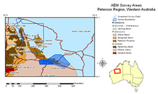 Fig 2. Map - AEM Survey Areas, Paterson Region, Western Australia.