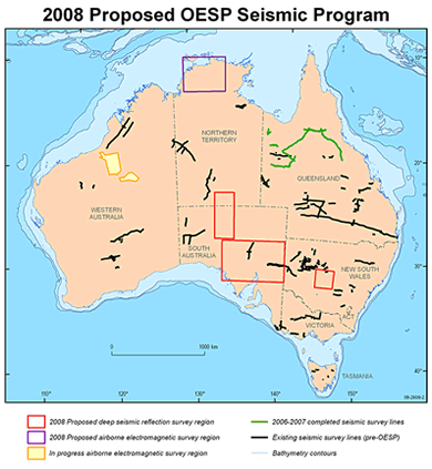 Summary of existing seismic surveys, recently acquired or in-progress surveys and regions of possible seismic reflection data acquisition in future years of the OESP.