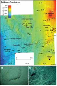 Fig 3. (a) Multibeam bathymetry image of the seabed in the Capel-Faust area, showing the sampling locations and some of the morphological features, (b) photograph of dewatering of pelagic sediments in region of polygonal faulting, (c) photograph of basalt reef containing examples of the moderate cover of benthic biota.
