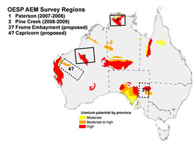 Figure 4: Regions under consideration for airborne electromagnetic data acquisition during the OESP.