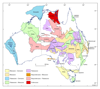 Fig 1. Map of Australian continent showing distribution of onshore sedimentary basins