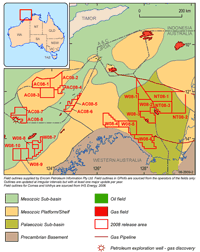 Fig 2. Regional setting of the Bonaparte and Browse basins, showing the location of the 2008 release areas, major fields and structural elements.