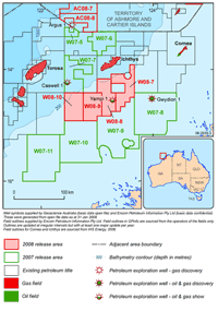 Fig 3. Release areas W08-7, W08-8, W08-9 and W08-10, Caswell Sub-basin, Browse Basin.