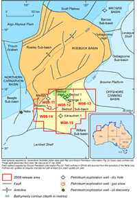 Fig 4. Regional setting of the Bedout Sub-basin showing the location of the 2008 Release areas, major fields and structural elements.