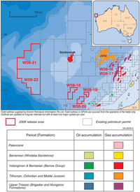 Fig 5. Major oil and gas accumulations of the northern Carnarvon Basin indicating age of main reservoir and showing the location of the 2008 Release Areas.