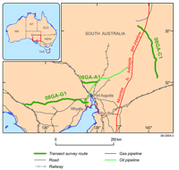 Fig 3. Gawler-Curnamona-Arrowie seismic survey proposed traverse line location map.