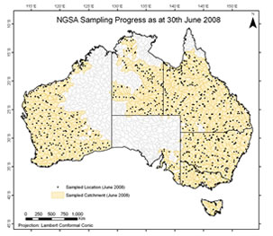 Figure shows distribution of catchments sampled for the National Geochemical Survey of Australia, as at 30 June 2008 (910 catchments, or 65%, completed).