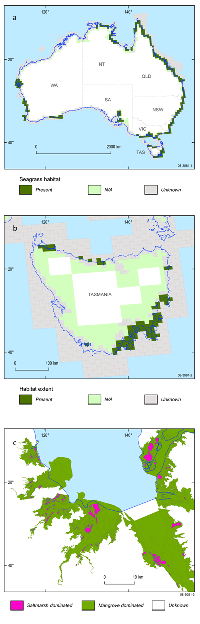 Fig 2. Output from the habitat mapping component of the NRM Reporting module illustrating the presence and absence of seagrass dominated habitats: (a) at the national scale (50 kilometre grid cells) and (b) regional scale (10 kilometre grid cells). Users can also zoom to scales <50 square kilometres to obtain the actual habitat maps (c).