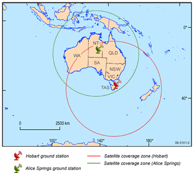 Fig 1. Surveillance areas monitored from Geoscience Australias ground stations at Hobart and Alice Springs.