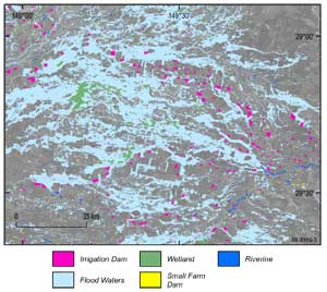 Fig 3.   Water body map of Gwydir River catchment generated by aggregating and classifying minimum reflectance values in Band 5 from a stack of cloud-free Landsat images acquired in 2004.