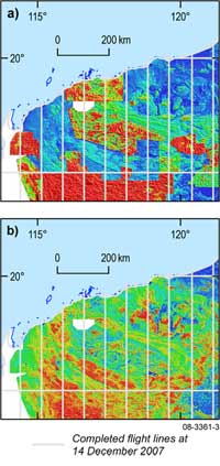 Fig 2.	Dataset for the Pilbara region showing thorium data: (a) prior to grid levelling, and (b) after grid levelling.