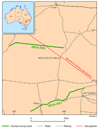 Fig 3.   Traverse lines for Rankins Springs and Yathong Troughs deep seismic survey, New South Wales. 