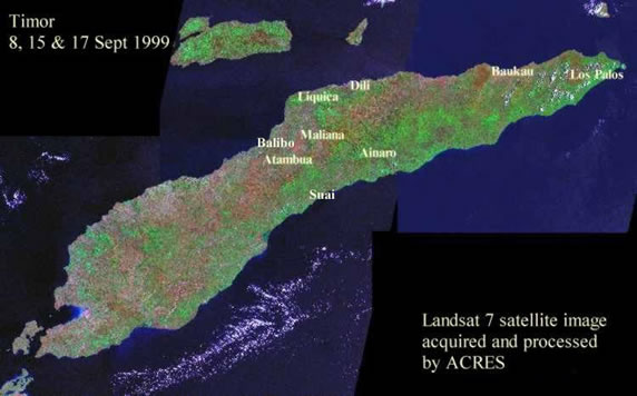 Landsat 7 satellite image mosaic, 8, 15 and 17 September 1999. East Timor.