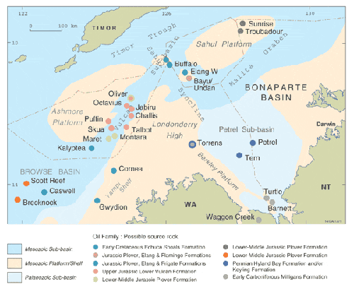  Diagram of the Bonaparte Basin showing well locations, sub-basins and other structures (GA1314)