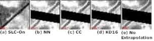 Panchromatic SLC-On (A) and SLC-Off (B, C, D and E) bands show the effect of extrapolation on the direction of a linear feature with various resampling methods. Select for detailed view. 31Kb