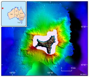Figure 1. Bathymetry around Christmas Island based on data gathered on the 2008–09 Geoscience Australia surveys. 