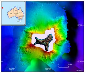 Figure 1. Bathymetry around Christmas Island based on data gathered on the 2008�09 Geoscience Australia surveys. 