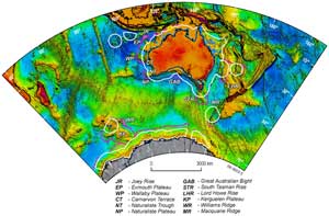 Figure 3. Depiction of Australia�s marine jurisdiction and associated seafloor morphology. This image indicates the form of the submarine features that lie within the jurisdiction.