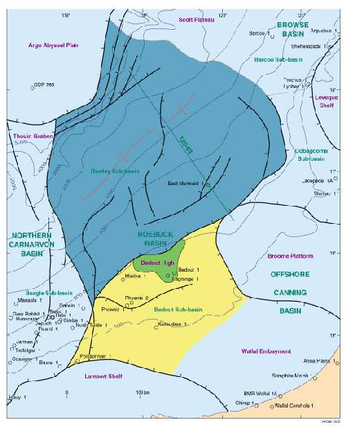 Location map of the Roebuck Basin showing structural detail, wells and bathymetry contours 