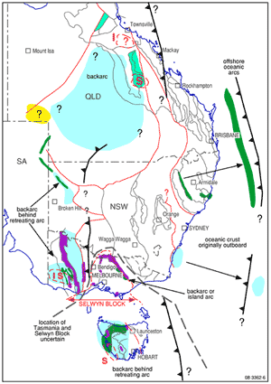 Fig 2a. Interpreted tectonic environment of eastern Australia for the Early to Middle Cambrian Delamerian cycle (ca. 520 to 490 Ma). Interpretation based on synthesis of published geological data and tectonic models.