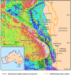 Fig 2. Seismic lines acquired during the Southwest Margin 2D seismic survey by the MV Duke.