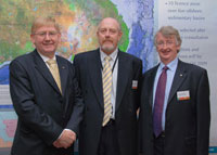 Fig 1. The Minister for Resources and Energy, Martin Ferguson AM MP, with Dr Clinton Foster, Chief of Geoscience Australia's Petroleum and Marine Division and Dr Neil Williams, CEO of Geoscience Australia, following the announcement.