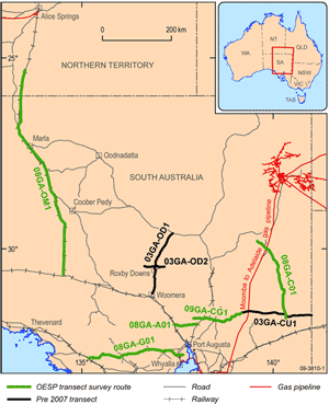 Fig 1. Deep reflection seismic traverses in northern South Australia. The green lines are traverse lines acquired between May 2008 and February 2009, while black lines are traverses acquired prior to 2007.