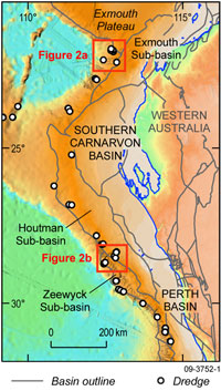 Fig 1.	Location of dredge sites in the Perth and southern Carnarvon Basins.