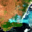 Satellite image of the bushfires in Canberra. &copy; Geoscience Australia.