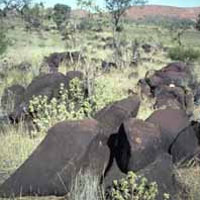 Dark, iron and magnesium-rich rocks in the floor of Mordor Pound.