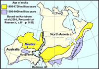Reconstruction of Rodinia showing the inferred relationship between Australia and North America about 600-700 million years ago.
