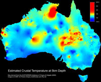 Map of crustal temperature across Australia at five kilometre depth using the AUSTHERM05 database. This map has been derived from proprietary information owned by Earth Energy Pty Ltd ACN 078 964 735.