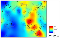 Surface heat flow map for Australia, with datapoints used to create the points on the map. Data compiled from Cull (1982) and Pollack et al. (1993)..
