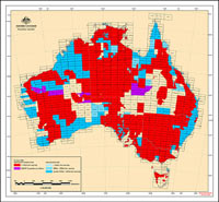 National coverage of airborne gamma-ray data acquired by Geoscience Australia and State and the Northern Territory Geological Surveys as at June 2006. Red colour indicates appropriate density (quality) of data (500 metre line spacing or better), blue coloursindicate sub-standard data (1600 metre line spacing or worse), purple colour indicates planned surveys, and beige colour indicates no survey available to date.