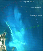 True colour image of the sediment plume during dredging, taken by Landsat.