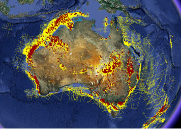 map: Australia showing seismic lines from the SNIP file