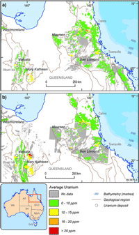 Fig 3. Average uranium content of igneous rocks from northern Queensland. The top image shows the average uranium content of igneous rocks occurring at the surface. The bottom image shows the average uranium content of igneous rocks extracted from solid geology.