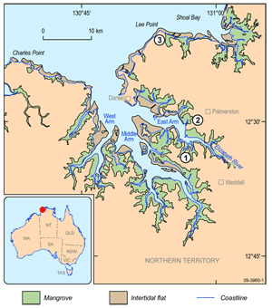 Fig 1. Map of Darwin Harbour showing the extent  
of intertidal mudflat areas and mangroves: (1) the reference creek; (2) Myrmidon Creek; and (3) Buffalo Creek.