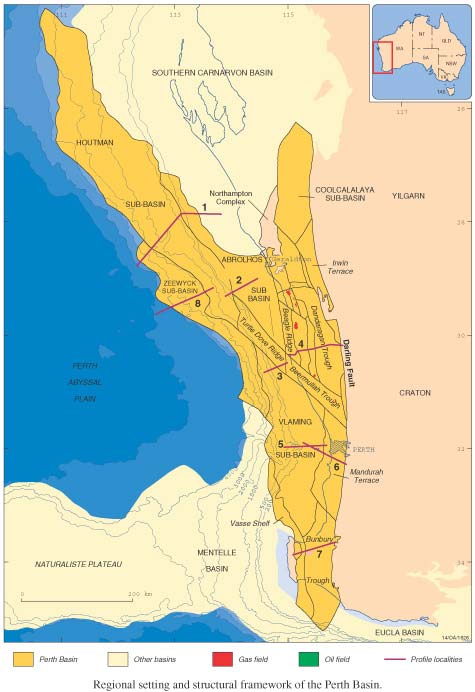  Regional map showing the Regional Setting and structural frame work of the Perth Basin. 
