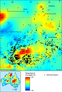 Fig 1.	Predicted temperature at five kilometres depth (Chopra and Holgate 2005) including well locations.