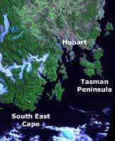 A satellite view of Hobart and South East Cape in southern Tasmania. &copy; Geoscience Australia.