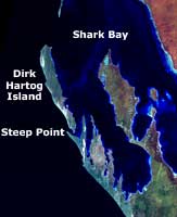 A satellite view of Shark Bay and Australia's most westerly extremity at Steep Point. &copy; Geoscience Australia.