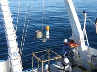 Fig. 3: An acoustic Doppler velocity profiler being deployed.
