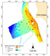 Figure 2: Detailed bathymetry and sediment type at sample stations for an area offshore from Ningaloo Reef.